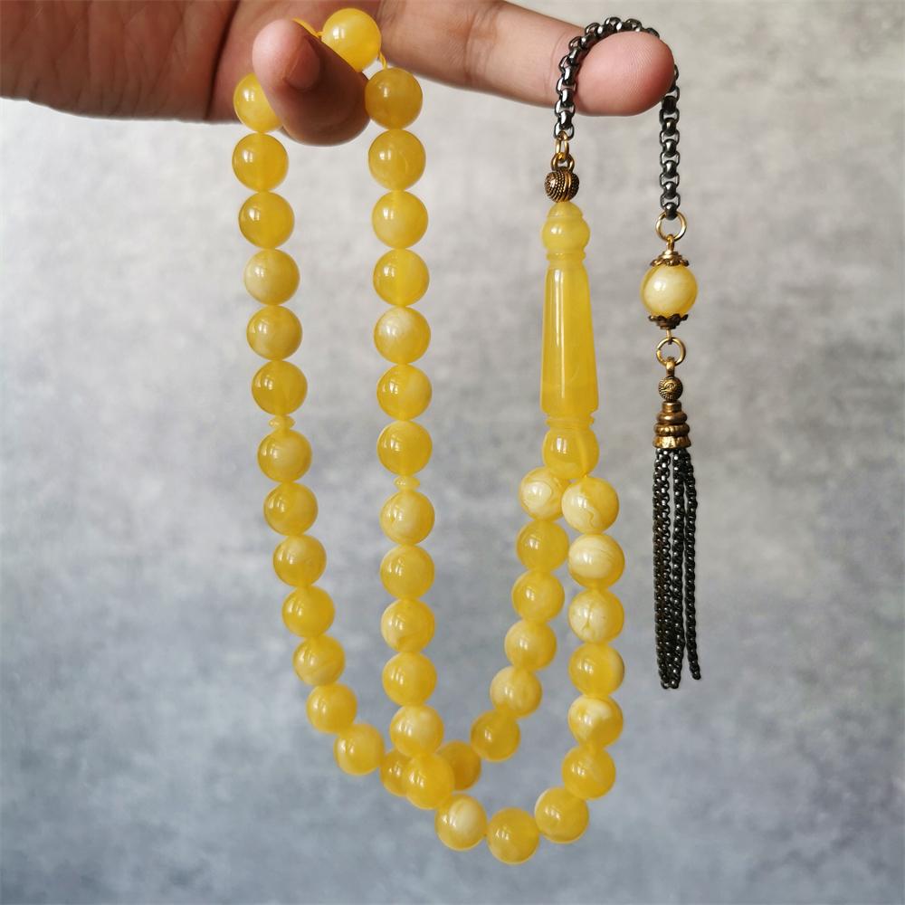 Amber Rosary Man s Tesbih Misbaha Muslim Prayer Beads Round 10mm Islam Gift Black Metal Tassels Rosary Tasbeeh Sibha 10MM 51beads