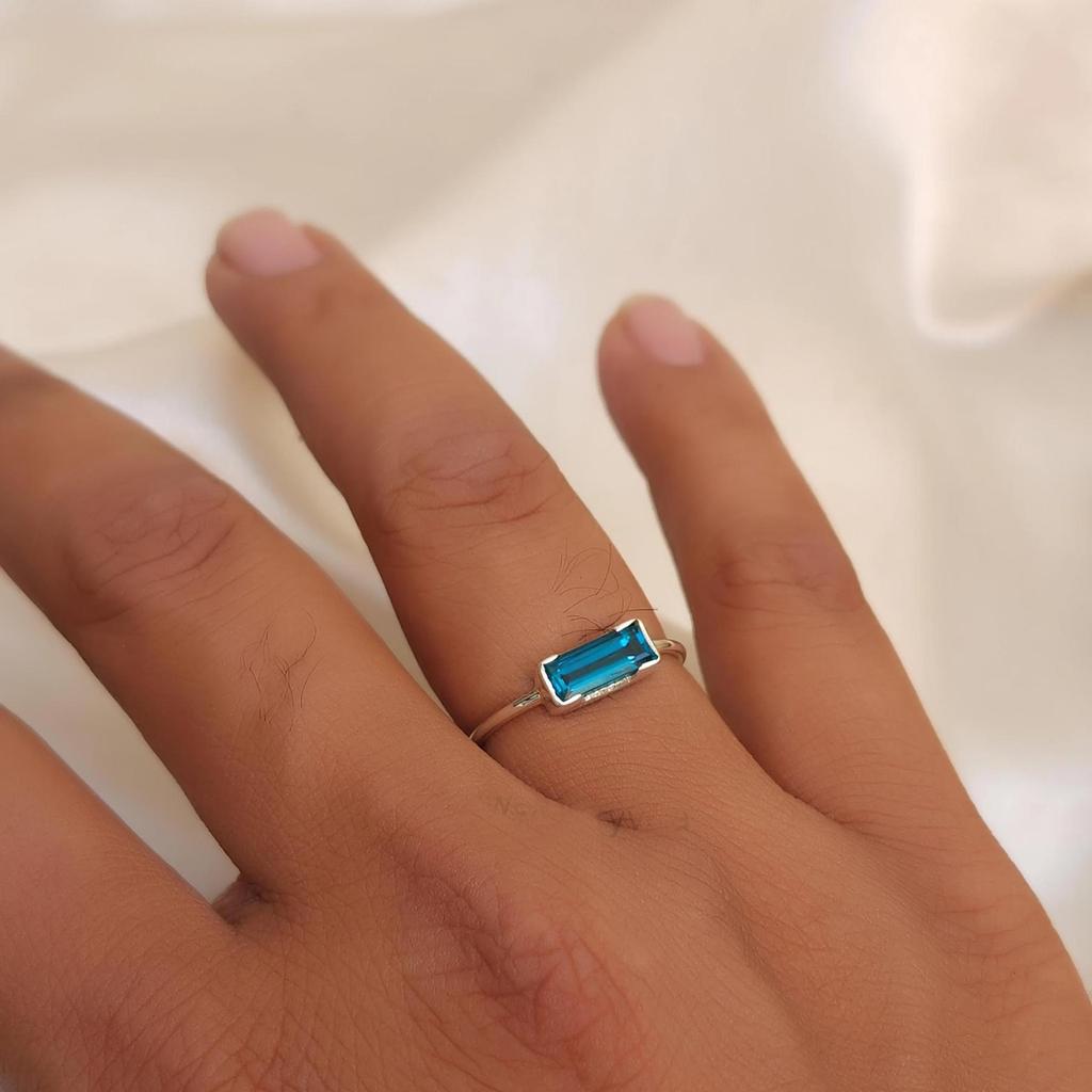 Baguette Neon Blue Tourmaline Minimalist 925 Sterling Silver Ring Jewelry, Blue Tourmaline Handmade Ring