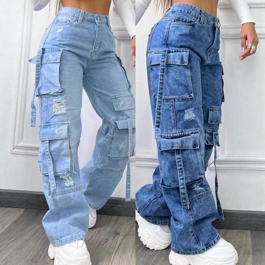 Mode Einfarbig Freizeit Arbeitskleidung Denim Hohe Taille Mehrere Taschen Lockere Passform Damen Jeans Vielseitig Übergröße