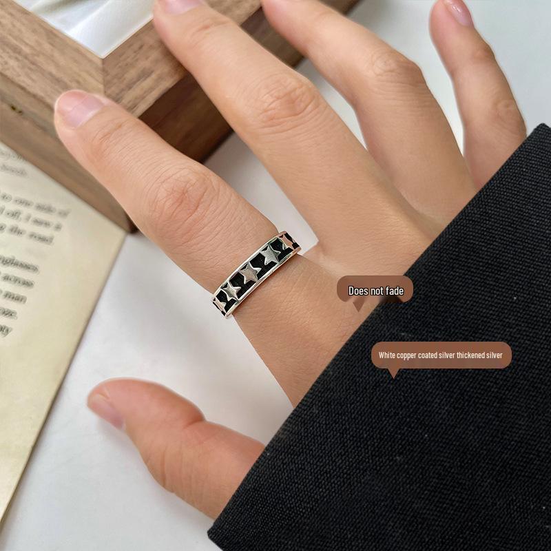 Lan Zhi 925 Sterling Silver Unisex Oxidized Five-Pointed Star Adjustable Ring