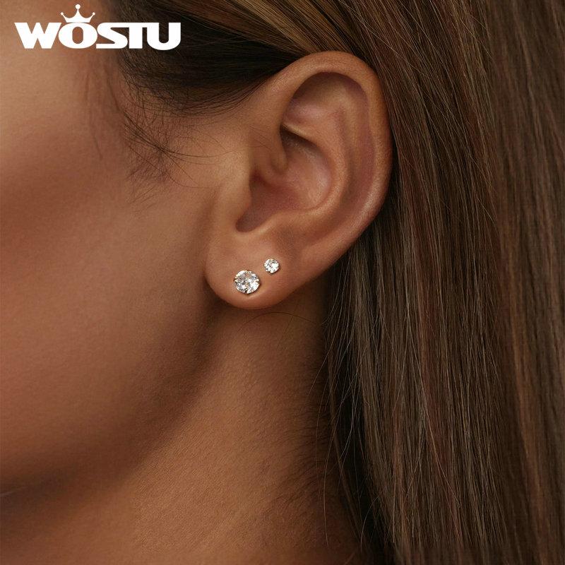 WOSTU 925 Sterling Silver Gold Round AAA Zircon Stud Earrings For Women Wedding Studs Euro Simple Party Pendientes 3MM 5MM 7MM
