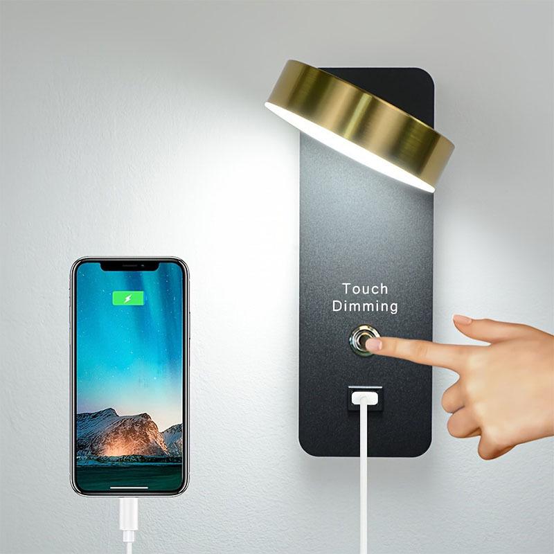 Three-Speed Dimmable LED Wall Lamp with USB Charger for Bedroom and Hotel