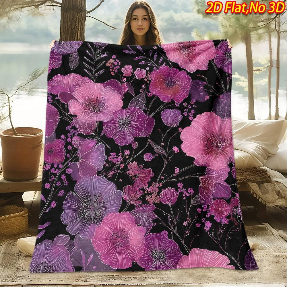 1pc 2D Flat Printing Spring And Summer New Arrival Black Base Romantic Pink Purple Floral Theme Digital Print Blanket, Throw, Soft And Comfortable 100