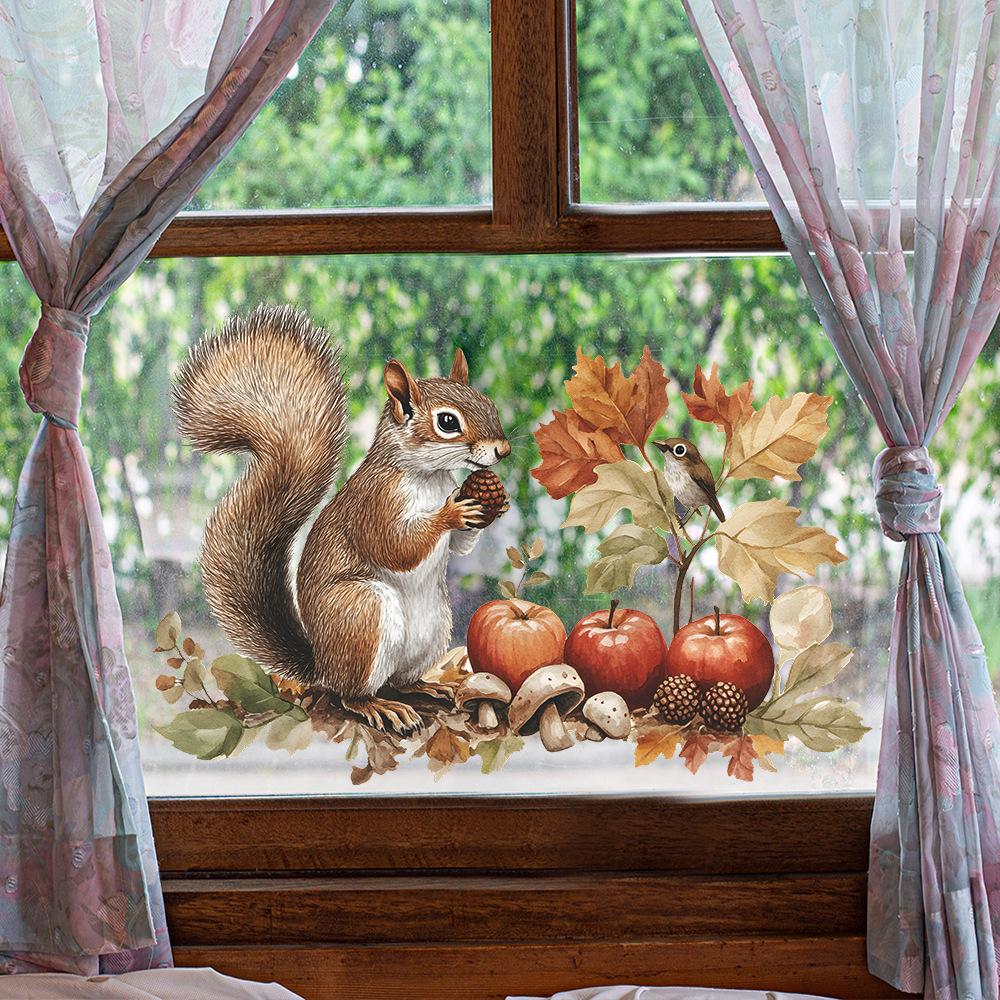 Cartoon Squirrels Fruits and Vegetables Balcony Glass Windows Home Background Beautification Window Stickers