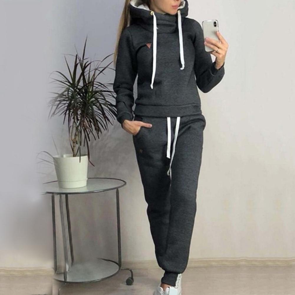 (S-5XL) Tuta da Jogging da Donna Taglie Forti 2 Pezzi Tute Monocolore Felpe con Cappuccio Foderate in Pile Set di Pantaloni