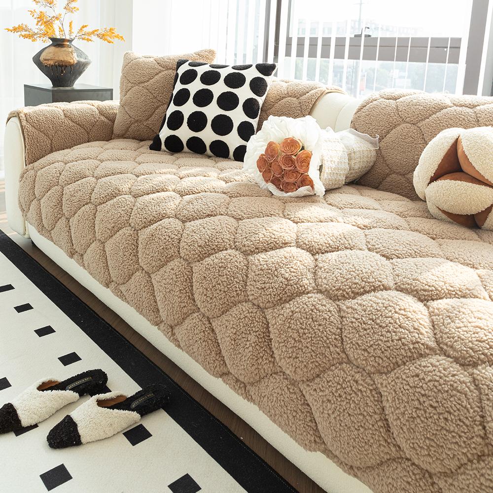 Winter Plush Sofa Cushion Grid Pattern Batted Sofa Pad Non-Slip Home Protection Sofa Cover for Living Room, Office