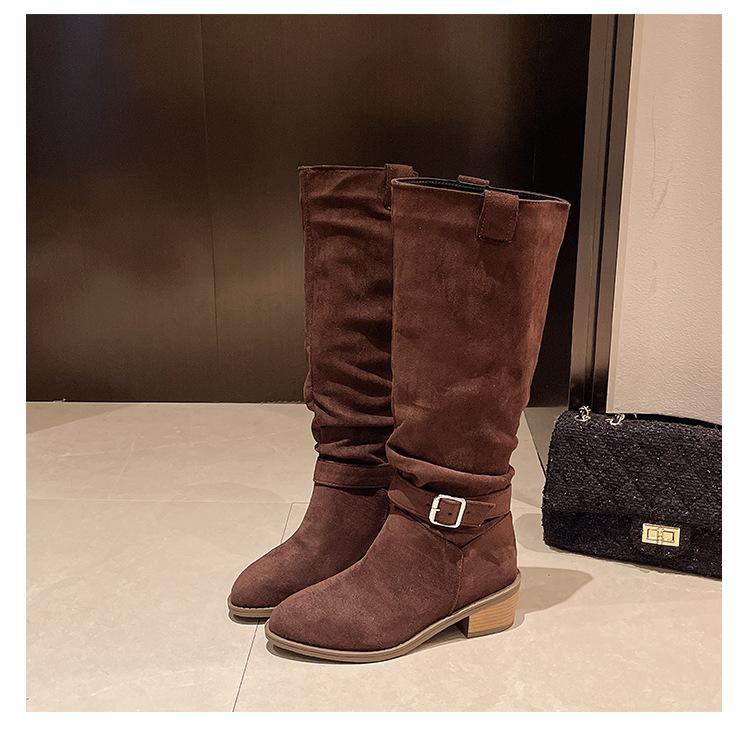 Große Größen 36~ 43 Mode dünne Stiefel Damen 2024 Herbst und Winter neue Gürtelschnalle dicker Absatz Damenstiefel