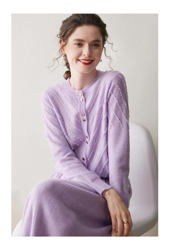 Women's Cashmere Terry Loop Cardigan - Autumn/Winter 2026 Round Neck Wool Knit Sweater, Versatile Outerwear.