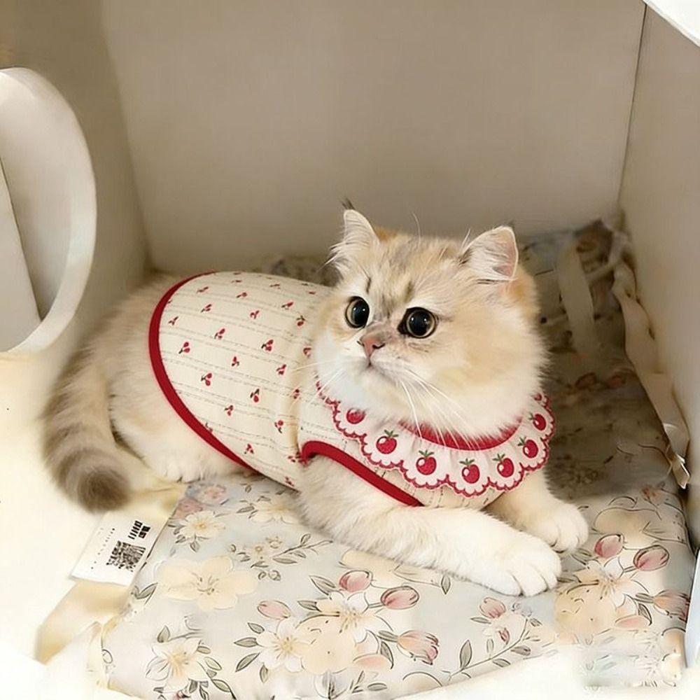Thin Cat Flower Edge Vest Cherry Pattern Pet Shirt Cute Cat Pullover  Pet Clothing