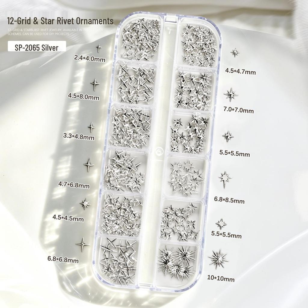 Gold & Silver Starburst 3D Nail Art Rivets - Four-Pointed Stars Decor.