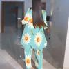 Women Plus Size Round Neck Three Quarter Sleeve Irregular Hem Printed Top Wide Leg Pants Two Piece Set