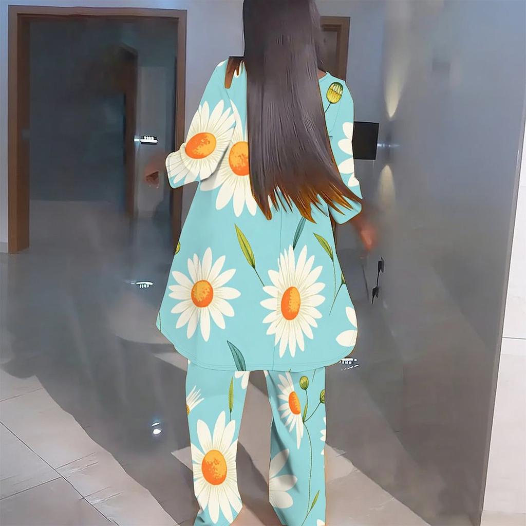 Women Plus Size Round Neck Three Quarter Sleeve Irregular Hem Printed Top Wide Leg Pants Two Piece Set