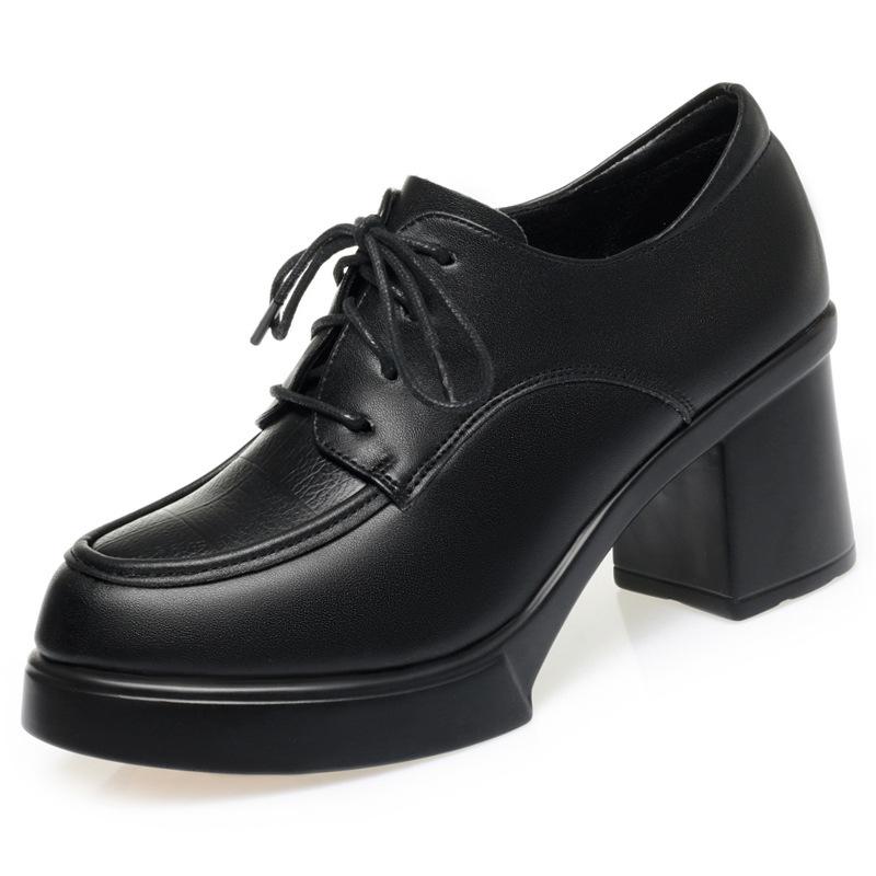 Women's High-heeled Black Work Shoes, Chunky Heel Work Shoes, Lace-up Single Shoes, Deep-cut Spring and Autumn Women's Shoes
