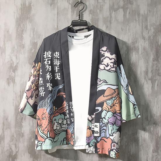 Pánská košile v čínském stylu Potisk 3/4 rukáv Uvolněný střih Streetwear Japonský límeček s volným stojáčkem Kimono Top pánské oblečení