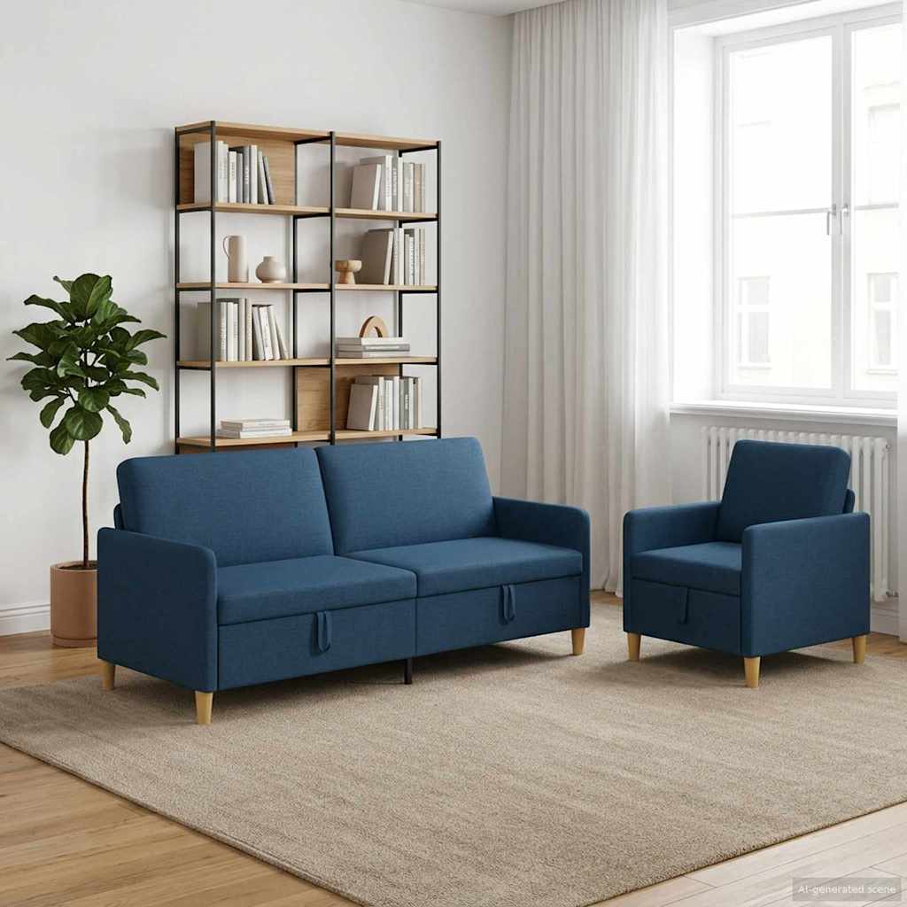 2 Piece Storage Sofa Set Blue Polyester