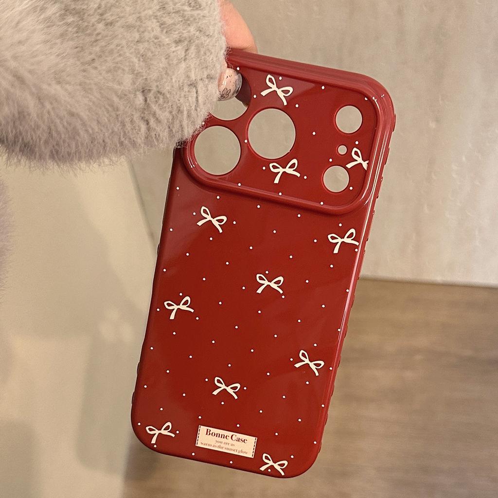 Simple Bow for Apple 17 Mobile Phone Case Iphone16promax Retro Burgundy 15 Anti-drop 13 Soft 14