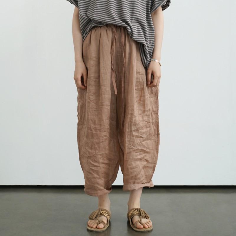 

Johnature Women Vintage Straight Pants Solid Color Elastic Waist Trousers Summer Loose Belt Casual Ankle-length Pants One Size