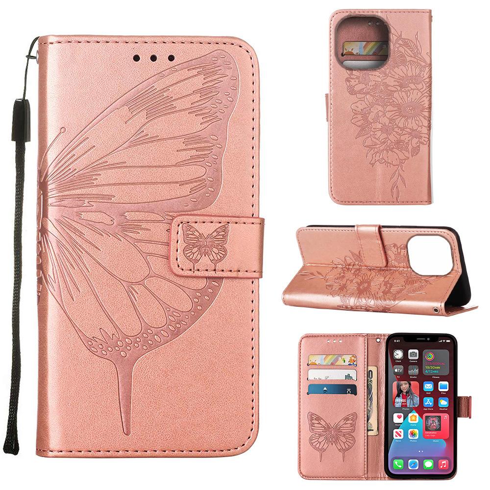 Applicable to iPhone14 mobile phone leather case 14Pro butterfly embossed solid color protective case 14Max card wallet