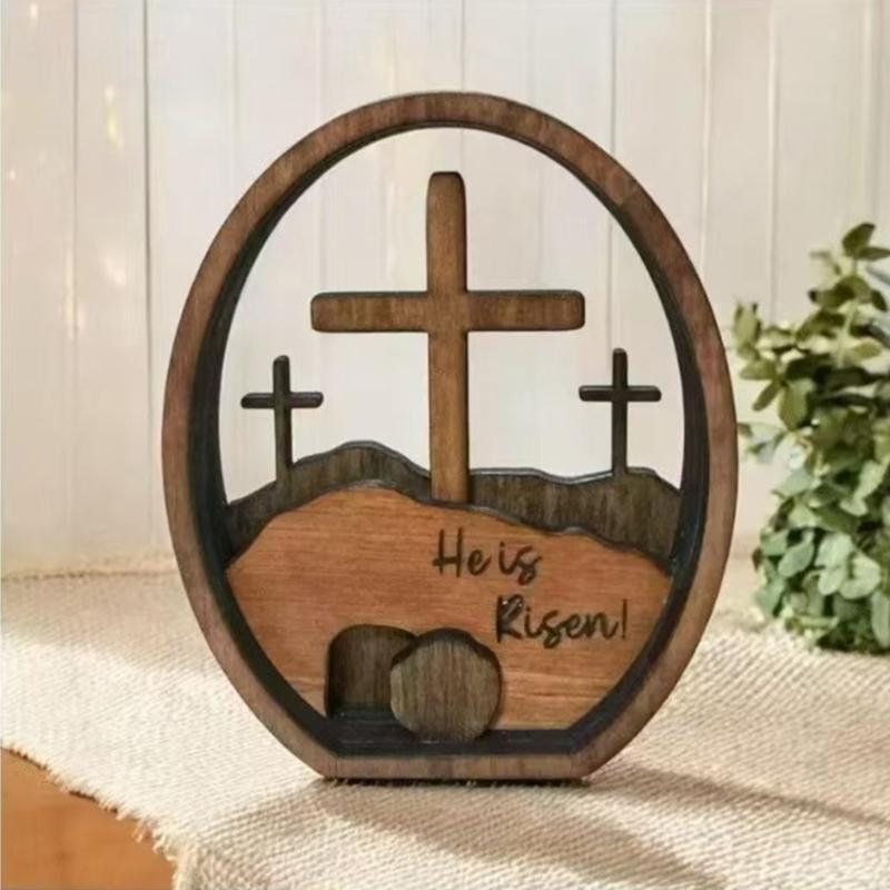 He Is Risen Empty Tomb with Crosses Wood Easters Decorations Christian Resurrected Tomb Ornament for Church Home Decors