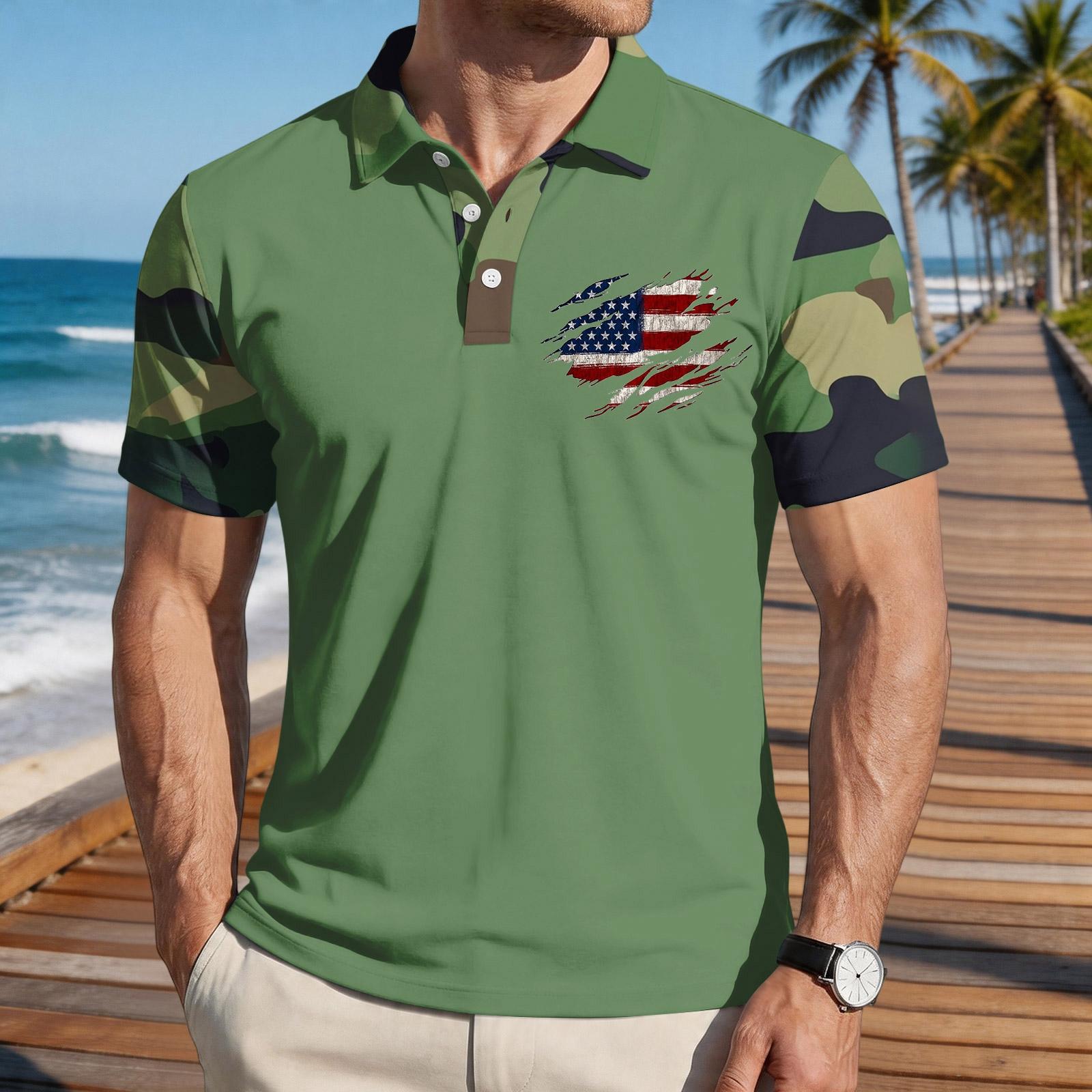 

Men s Loose Fit Casual Polo Shirt Short Sleeve Collared Shirt with Flag Print and Camouflage Pattern Sleeves Summer Top M