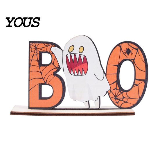 Hand Painted Halloween Decor Wooden Table Sign, Cute Pumpkin Boo Ghost Solid Wood Sign Tabletop Centerpiece for Indoor Mantel Fireplace Home Festive