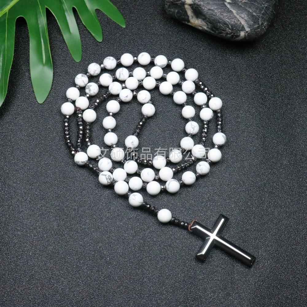 Collier pendentif croix en pierre naturelle, Croix en pierre d'œil de tigre et fer à bille chapelet collier pour homme