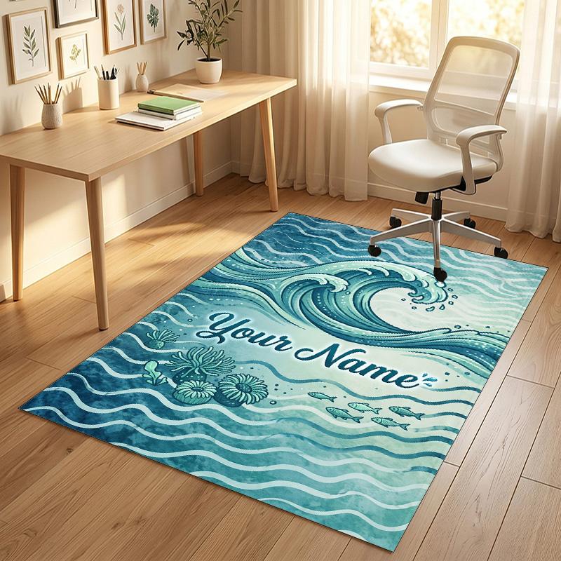 Ocean Waves Theme Soft Crystal Velvet Rug Custom Name & Text Print Non Slip Floor Rug for Bedroom Living Room