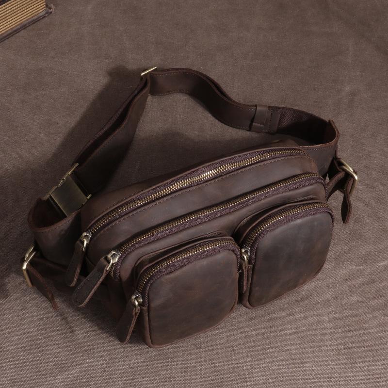 Marsupio Casual in Pelle, Portafoglio da Cassa da Uomo, Marsupio in Pelle di Vacchetta di Primo Strato, Borsa da Petto da Uomo, Borsa per Telefono in Pelle Crazy Horse