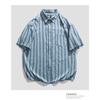 Men Summer Striped Short Sleeve Shirt Blue Oversized Pocket Shirt
