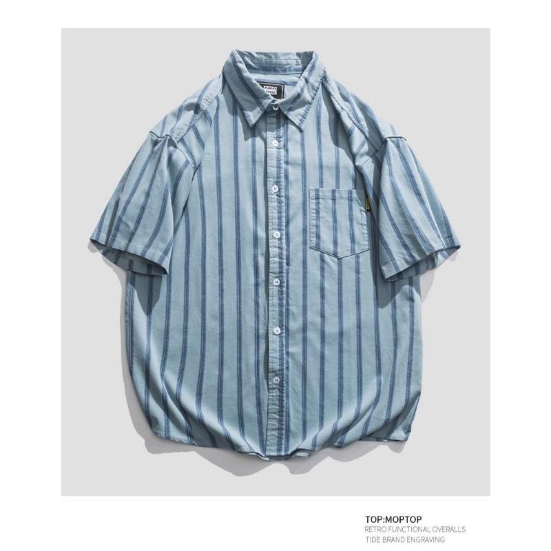 

Мужская летняя полосатая рубашка с коротким рукавом, синяя, большого размера, с карманом M синий