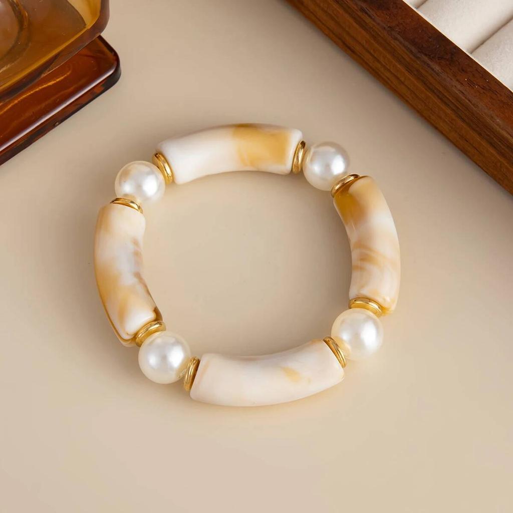 Salircon 7 Colors Vintage Imitation Pearl Elastic Rope Bangles Women Boho Exaggerated Geometric Acrylic Resin Bracelets Jewelry