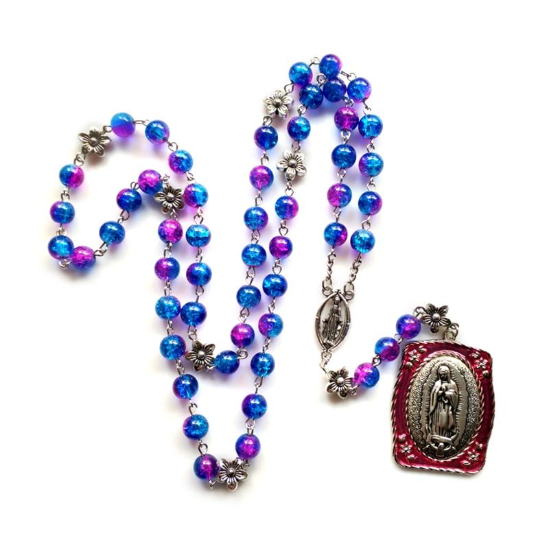 10mm Acrylic Bead Rosary Necklace Vintage Weave Catholic Religious Cross Jesus Pendant Necklaces for Men Women Jewelry Charm