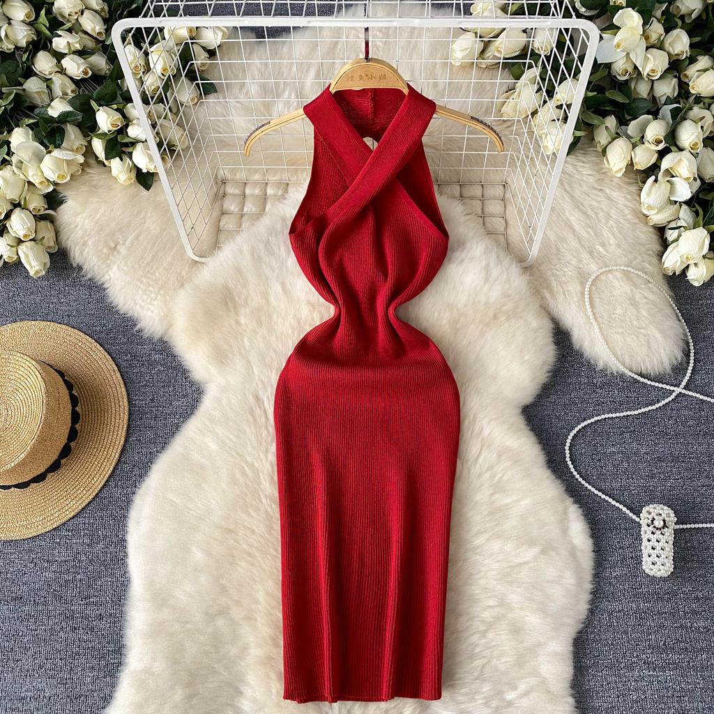 Design cross neck sleeveless dress women's elastic tight hip wrap medium and long skirt summer sexy knitted skirt
