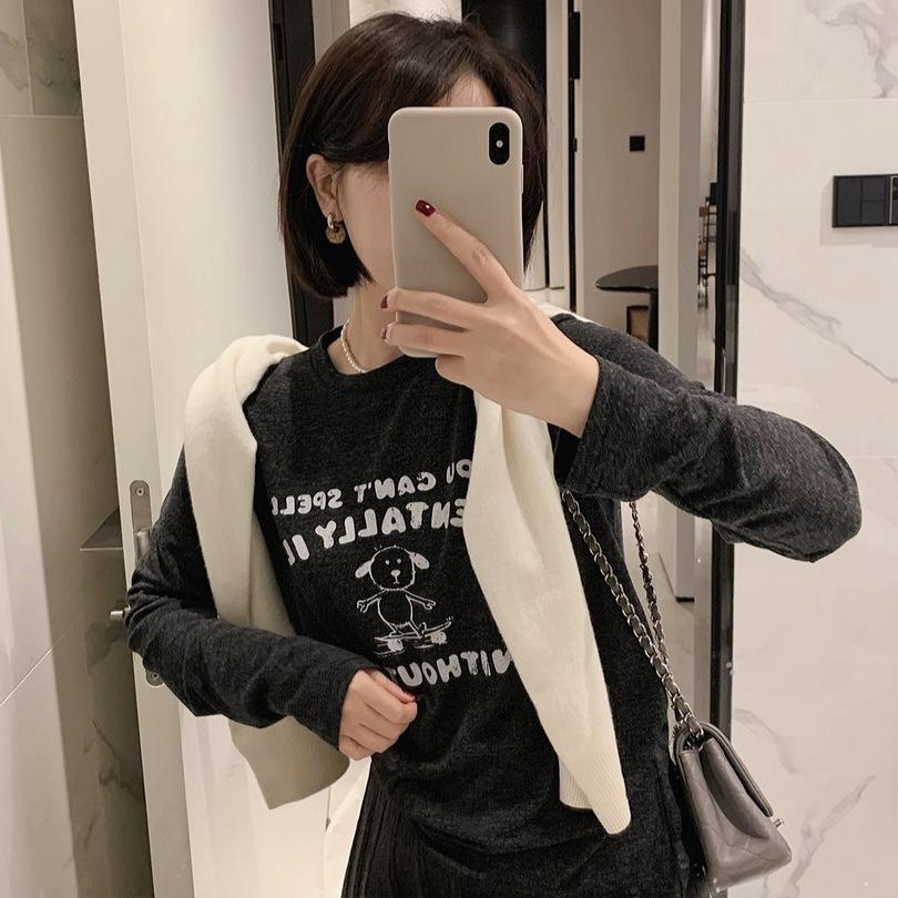 

German velvet 270g polished soft and comfortable round neck T-shirt women s casual loose long-sleeved skateboard puppy letter bottoming shirt XL темно-сірий