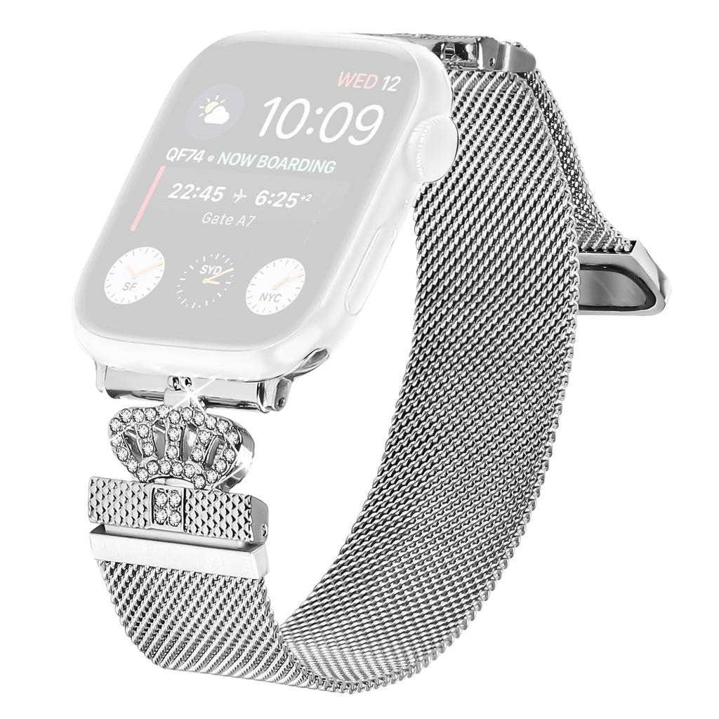 Watch Band For Apple Watch Series 10 9 8 7 SE 6 5 4 3 2 1 42mm 41mm 40mm 38mm Milanese Wrist Strap Silver Stainless Steel Crown Clasp