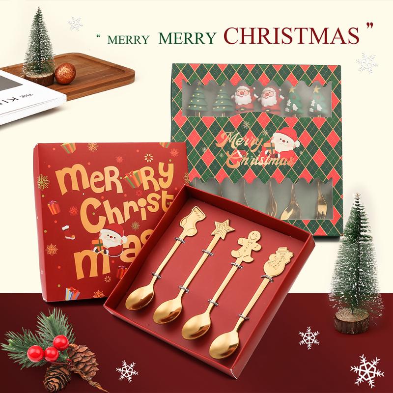 Stainless Steel Spoon Fork Set Elk Christmas Tree Decoration Dessert Coffee Spoon Christmas Gift Cutlery Tableware for Friends