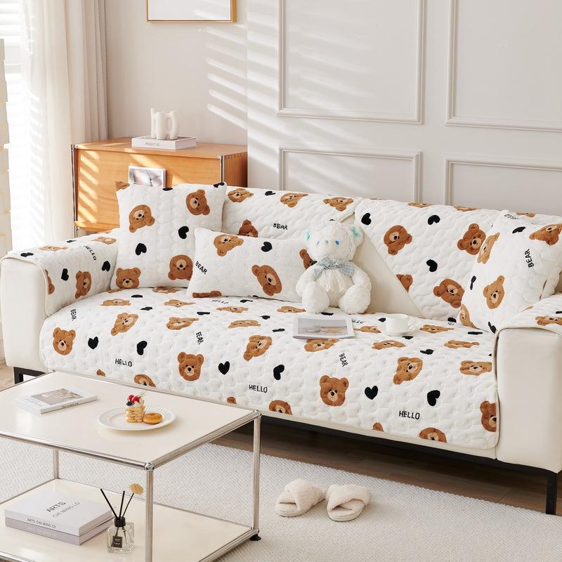 Autumn And Winter Bear Short Plush Sofa Cushion Cute Seat Cushion Milk Plush Non-Slip Full Cover Universal Simple Nordic Cartoon In