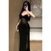 Waist Skirt Dress Split Fork Black Hollow Sexy Skirt Temperament Evening Dress with Chest Pad Suspender Lace Hip Skirt