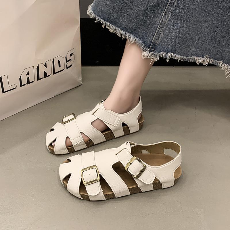 

Soft leather thick-soled bag head sandals women s Birkenstock women s shoes 2025 summer new woven hollow pig cage shoes hole shoes 35 бежевый