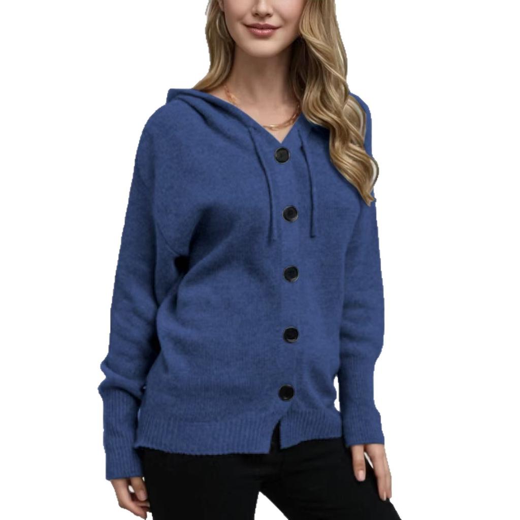 2026 new single-breasted hooded cardigan sweater, cross-border women's autumn and winter V-neck solid color knitted sweater