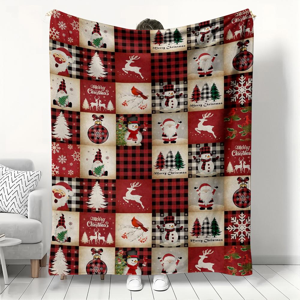 Cozy Festive Christmas Blanket Vintage-Inspired Wreath, Snowman, Reindeer, and Gift Grid Printed Soft Flannel Throw with Warm