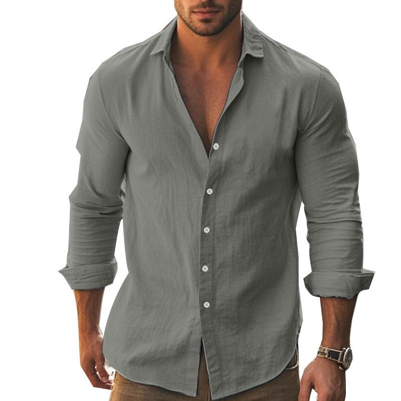 New Casual Solid-Colour Long-Sleeved Shirt Cotton Collared Button-Down Long-Sleeved Beach Shirt Top for Men