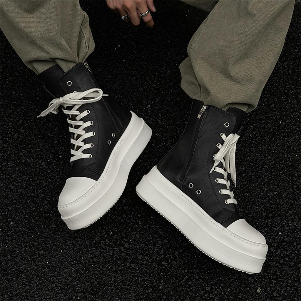 Černé a bílé vysoké skate boty se silnou podrážkou pro zvýšení výšky Pánské a dámské pár boty Boční zip Pracovní boty Jarní pokročilý pocit