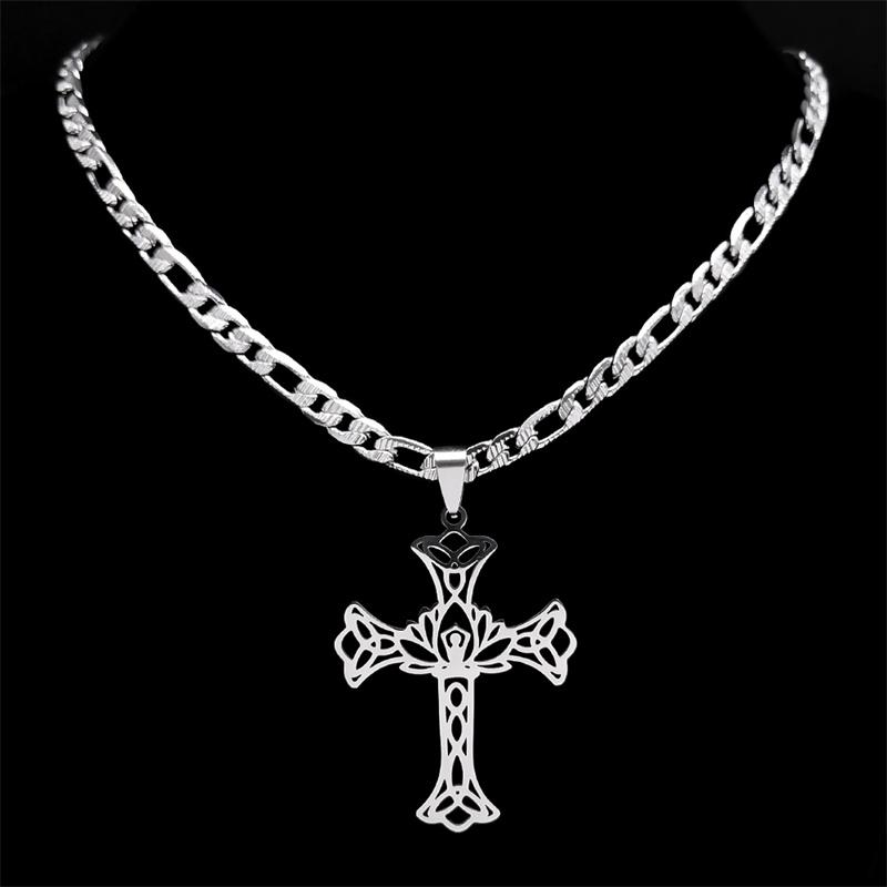 Creative Cross Pendant Men Necklace Stainless Steel Yoga Lotus Triquetra Hip Hop Cuban Link Chain Hollow Necklaces Jewelry N9748