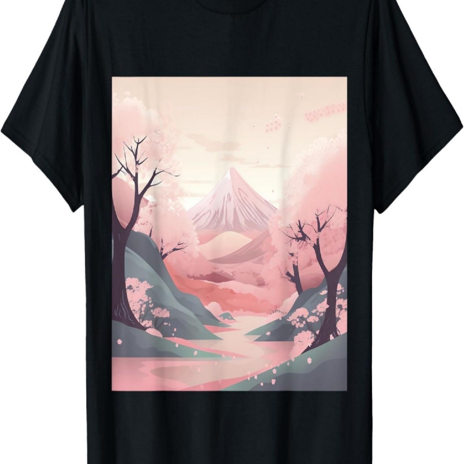 Pink Blossom Dreamscape Artistic Landscape with Cherry Bloss T-Shirt S