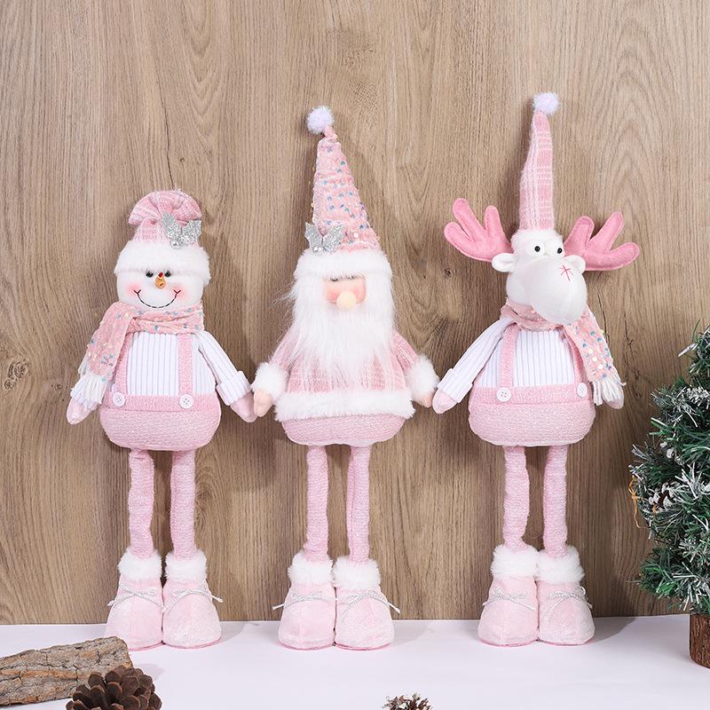 Pink Sequin Retractable Snowman Plush Toy for Christmas Decoration