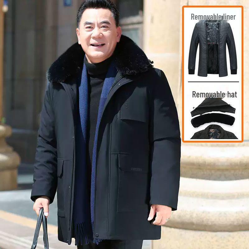 Men's Mid-Length Winter Jacket with Fleece Lining – Warm Down Cotton Coat for Middle-Aged and Elderly Dads
