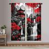 2 Stück Japanische Landschaft Tuschemalerei Polyester Vorhänge, Halbtransparent mit Stangentasche, Maschinenwaschbar, Dekorative Paneele für Schlafzimmer,