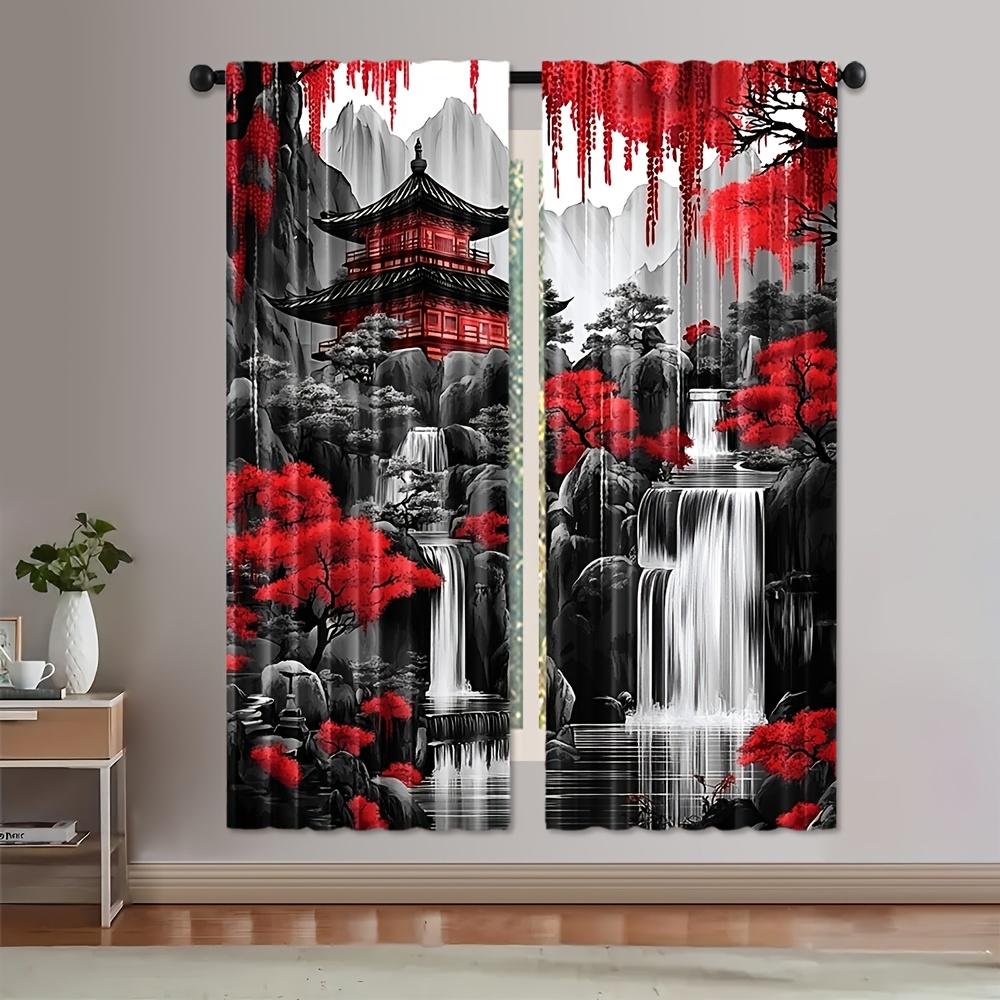 2pcs Japanese Landscape Ink Painting Polyester Curtains, Semi-Sheer Rod Pocket, Machine Washable, Decorative Panels for Bedroom,