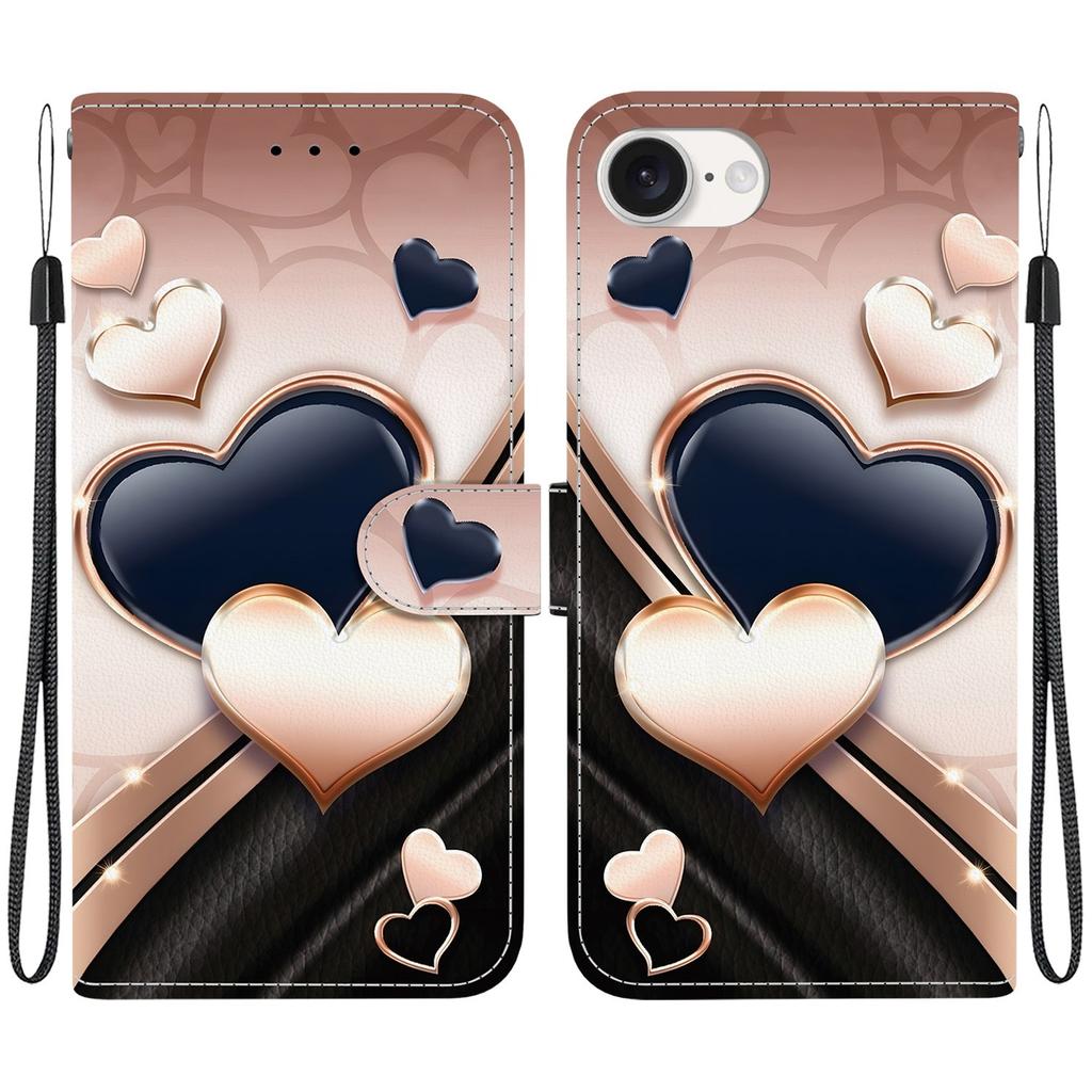 For iPhone 16e Leather Case Stand Wallet Pattern Printing Phone Cover with Wrist Strap